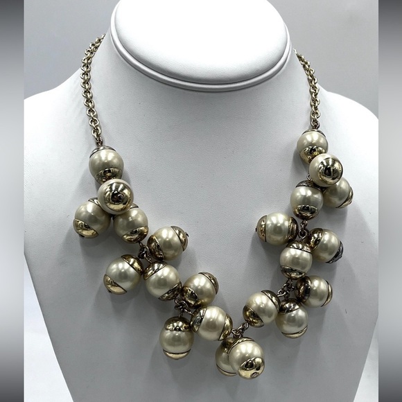 J. Crew Off White Faux Pearl Gold Tone Cluster Necklace Metal Spacers - Picture 1 of 11